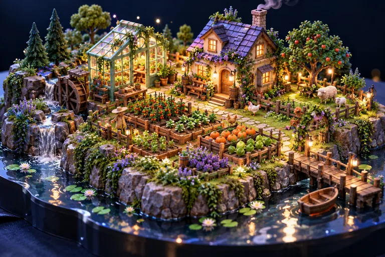 Conceptual miniature illustration: an original cozy miniature farm with greenhouse, crops and a small cottage, no copied game art.