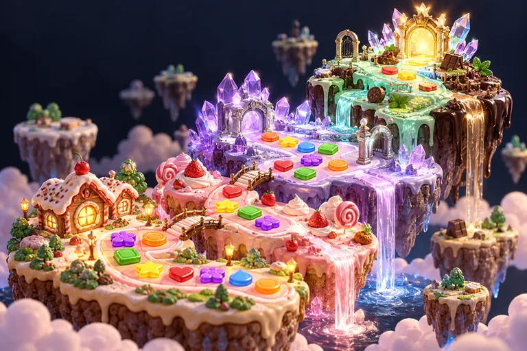 Conceptual miniature illustration: ascending miniature terraces of different candy puzzles.