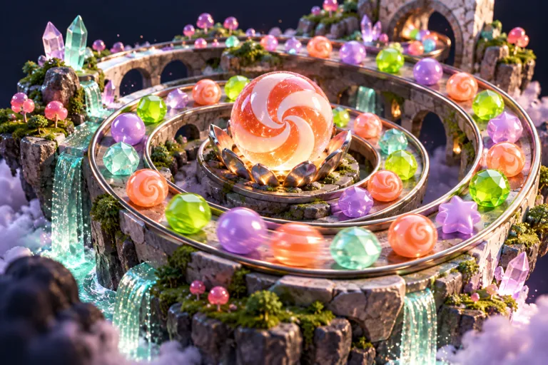 Conceptual miniature illustration: candy gems following a spiral track with a central candy sphere.