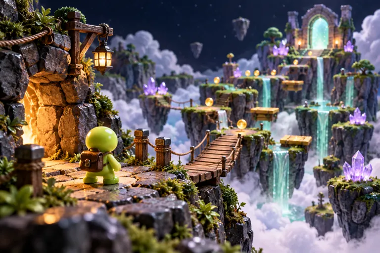 Conceptual miniature illustration: a small original lime explorer pawn at the entrance of a miniature platforming landscape.