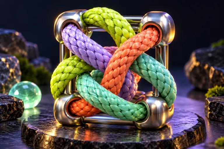 Conceptual miniature illustration: beautiful colored woven ropes tangled around a small polished puzzle frame.