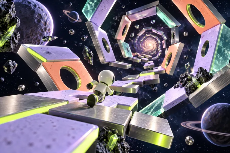 Conceptual miniature illustration: an original tiny runner pawn inside an open-sided floating geometric space tunnel.
