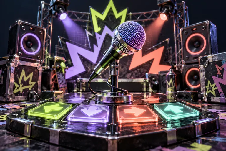 Conceptual miniature illustration: a stylized microphone and luminous rhythm tiles on a miniature music stage.