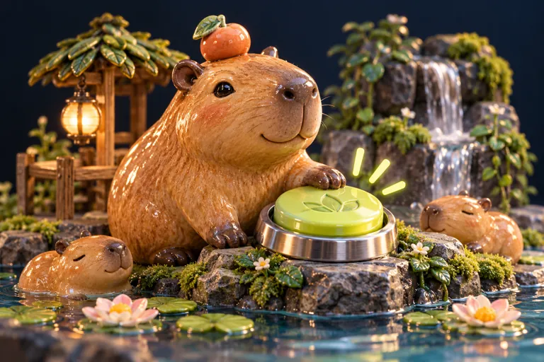 Conceptual miniature illustration: a friendly original ceramic capybara beside a playful clicker mechanism.