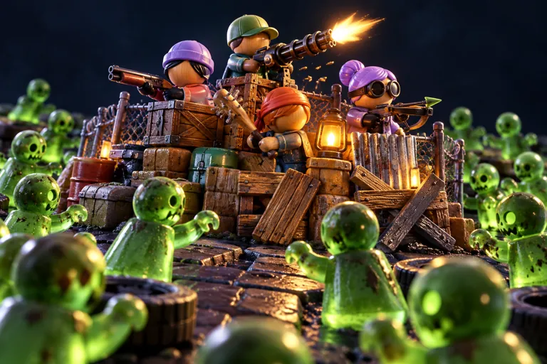 Conceptual miniature illustration: a toy defensive barricade facing abstract stylized green monster pawns, non-graphic.