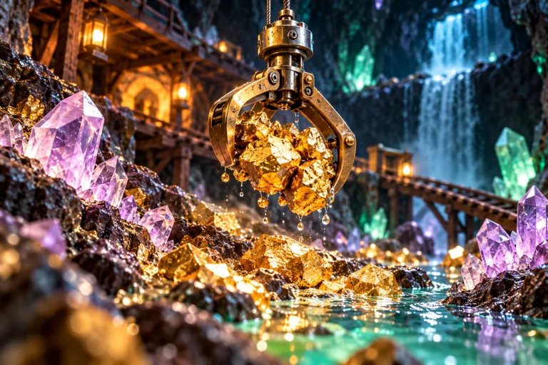 Conceptual miniature illustration: a miniature brass claw retrieving golden nuggets from crystal terrain.