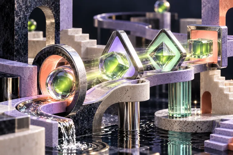 Conceptual miniature illustration: a glass sphere changing between geometric shapes on a sculptural puzzle track.