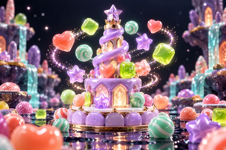 Conceptual miniature illustration: glossy confectionery pieces combining around a lilac candy tower.