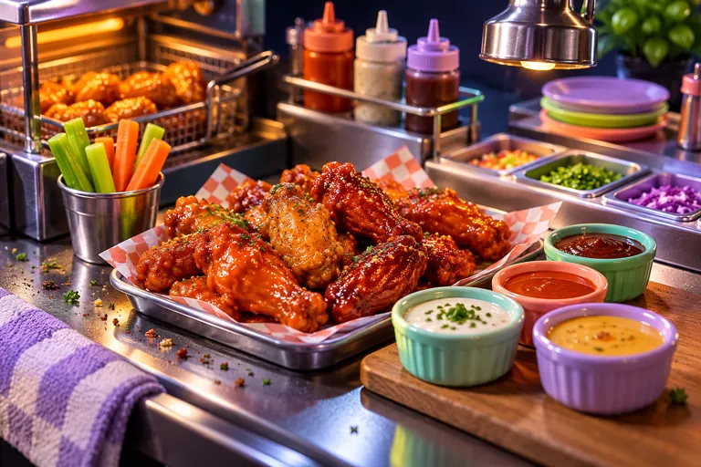 Conceptual miniature illustration: a miniature kitchen counter with plated wings and small colorful dipping bowls.