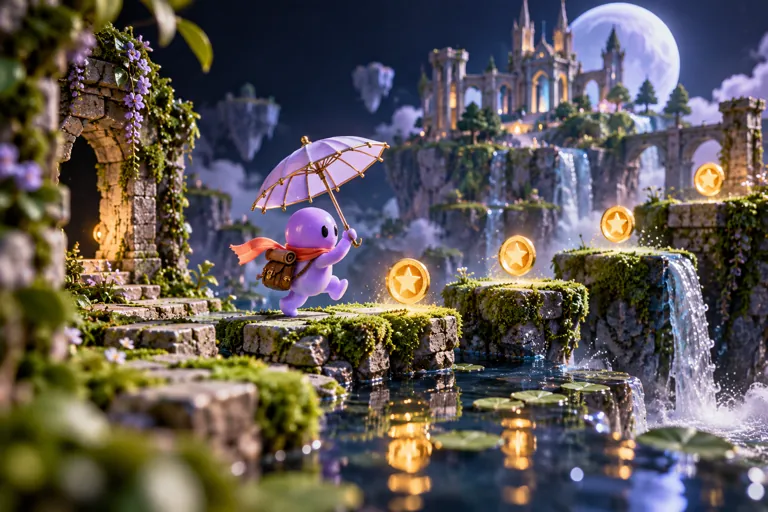 Conceptual miniature illustration: an original small lavender explorer pawn with an umbrella crossing mossy stepping platforms and collecting gold coins.