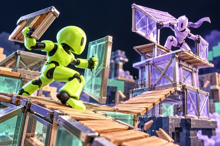 Conceptual miniature illustration: two original abstract toy competitors on a miniature architectural building arena.