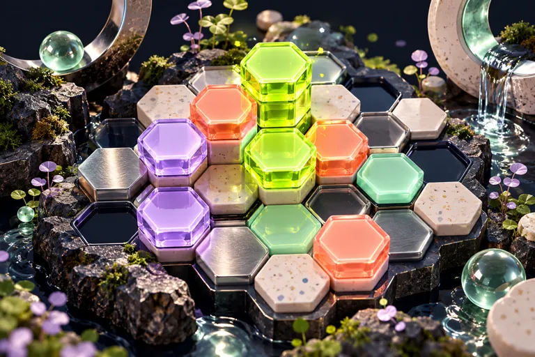 Conceptual miniature illustration: translucent hexagonal tiles forming an intricate honeycomb puzzle.