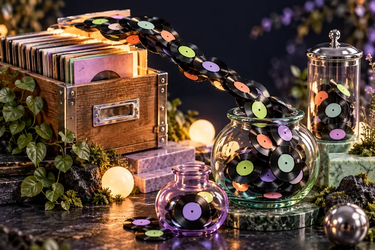A ribbon of tiny vinyl records flows from an archive box into glass containers.