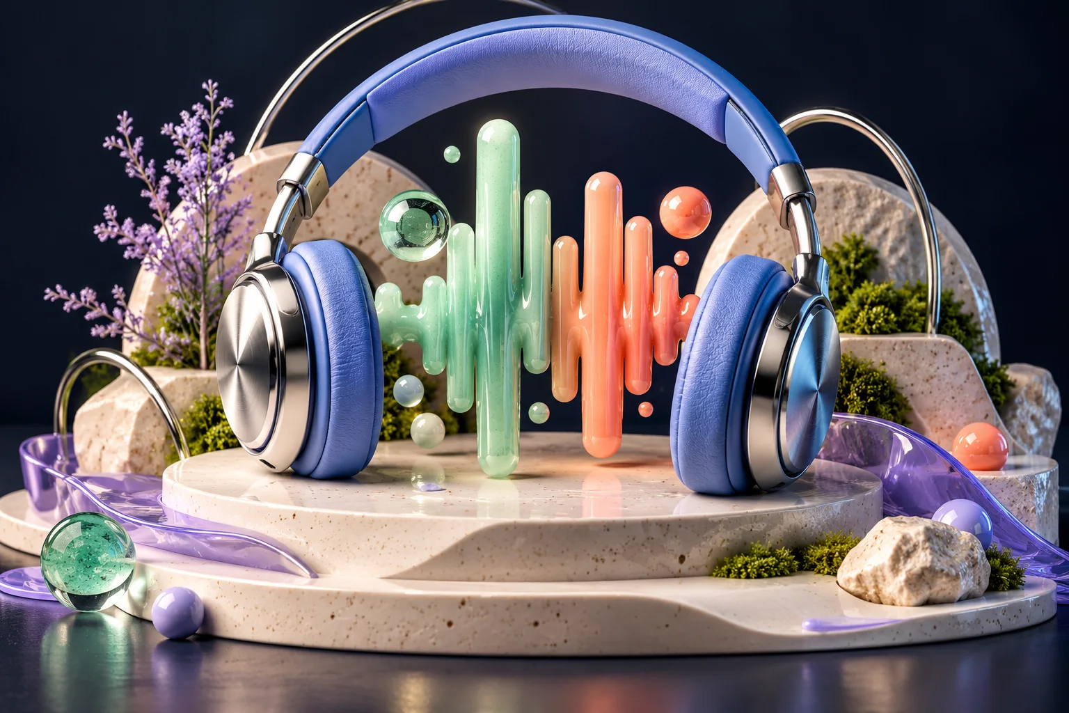 Blue headphones encircle mint and coral sound-wave sculptures on a cream surface.