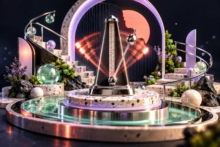 A chrome metronome pendulum swings through coral light pulses.
