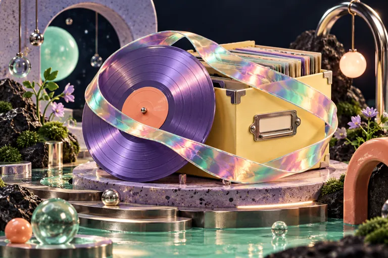 Ein schillerndes Band umschließt eine violette Schallplatte und eine blassgelbe Archivbox.