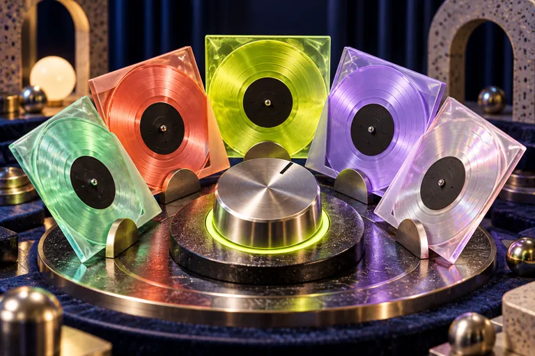 Five coloured translucent record sleeves fan out around a metal selector knob.