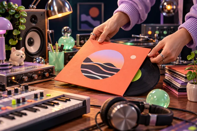 Hands place an orange record sleeve on a recording-studio desk.