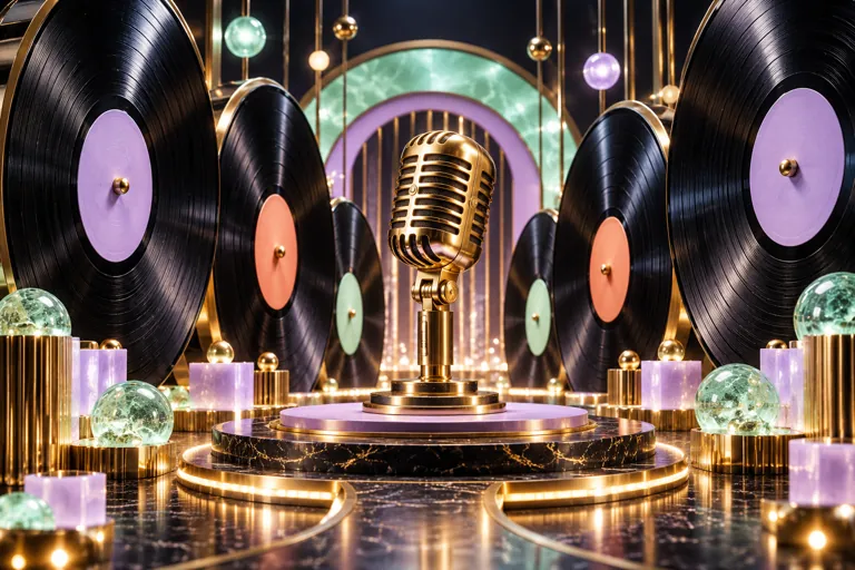 A golden microphone stands between towering black vinyl records.