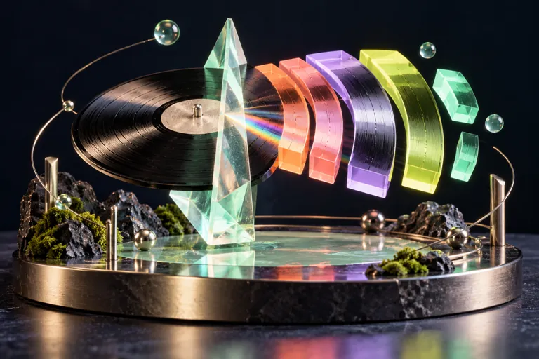 A mint prism divides a floating vinyl record into coloured rhythm blocks.